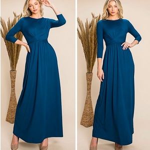 Teal Front Twist 3/4 Sleeve Boho Maxi Dress